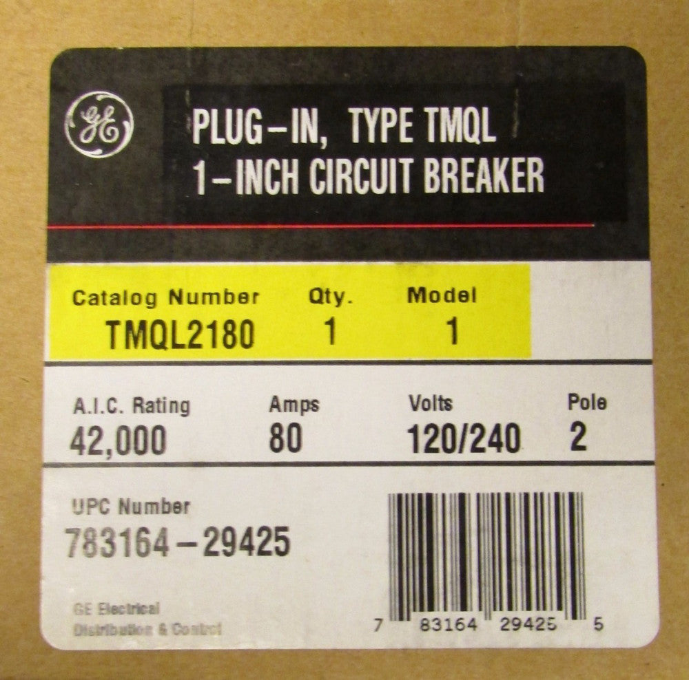 GE GENERAL ELECTRIC Type TMQL Plug In Circuit Breaker 2P 80A 42000 AIC TMQL2180