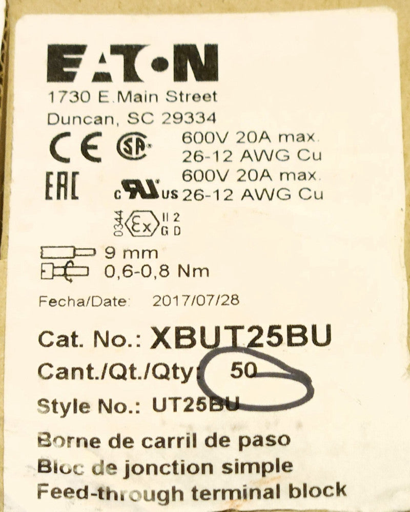 BOX OF 50 EATON XBUT25BU Terminal Block Blue UT25BU 600 VAC 20 AMP 26-12 AWG