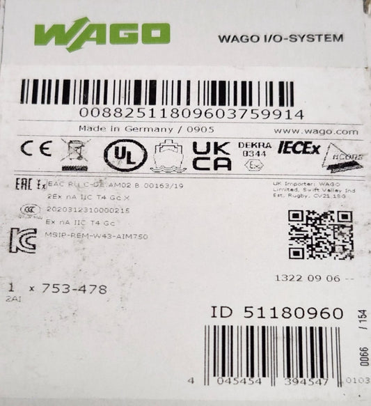 WAGO 753 478 I/O System 750 Series 2 Channel Analog Output Module 2A1 0-10 VDC