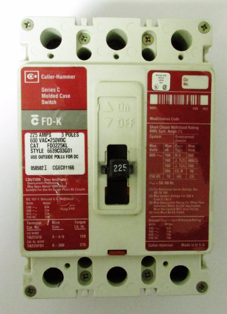 CUTLER HAMMER FD3225KL 3 Pole 225 Amp FD-K Molded Case Switch 
