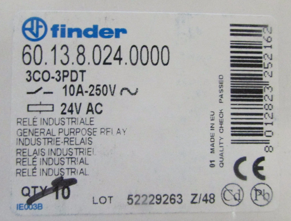 FINDER 60.13.8.024.0000 3 CO-3PDT 10 Amp 24 VAC Relay 60 13 8 024 0000