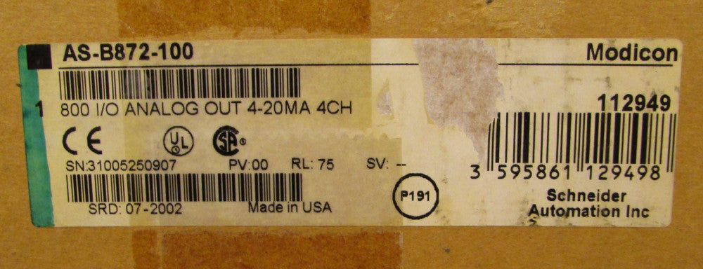 SCHNEIDER MODICON AS B872 100 800 I/O Analog Output Module 4-20MA 4CH