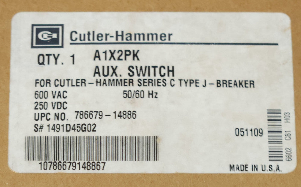 EATON CUTLER HAMMER A1X2PK J Frame Type JD HJD 1A 1B Auxiliary Switch 1491D45G02