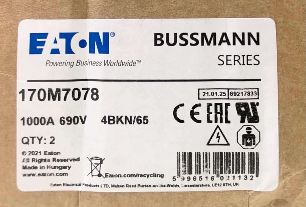 EATON BUSSMANN 170M7078 1000 AMP 690 VAC 4BKN165 Fuse TR700-200KA 