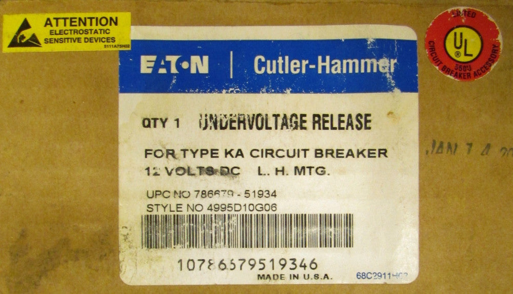 EATON CUTLER HAMMER JA KA DA LB Undervoltage Release UVR 12VAC 4995D10G06