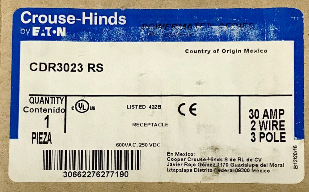 EATON CROUSE HINDS CDR3023 RS 30 AMP 2 Wire 3 Pole Receptacle 600 VAC 250 VDC
