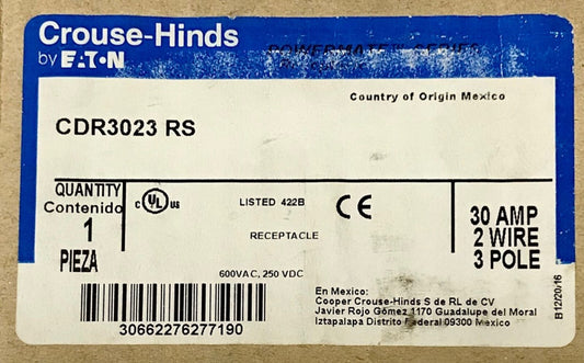 EATON CROUSE HINDS CDR3023 RS 30 AMP 2 Wire 3 Pole Receptacle 600 VAC 250 VDC