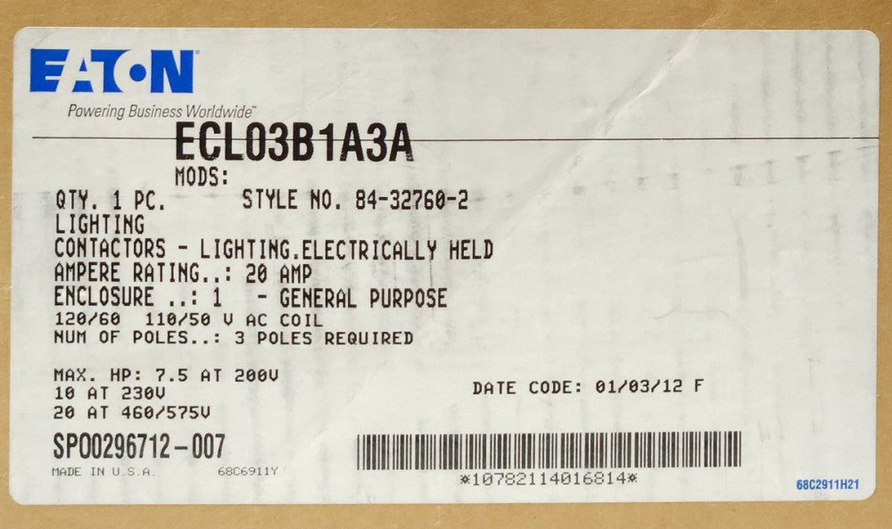 EATON CUTLER HAMMER ECL03B1A3A 20 AMP 3 Pole Lighting Contactor CN35BN3 120 VAC