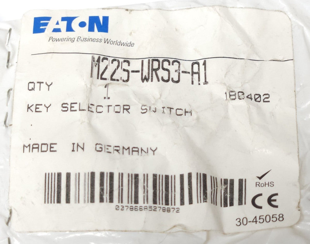 EATON M22S WRS3 A1 Keyed Selector Switch 3 Position Maintained
