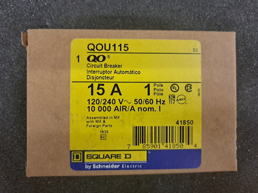 New, Square D, QOU115, 15A, 1 pole, 120/240VAC, 10kA Mini Circuit Breaker