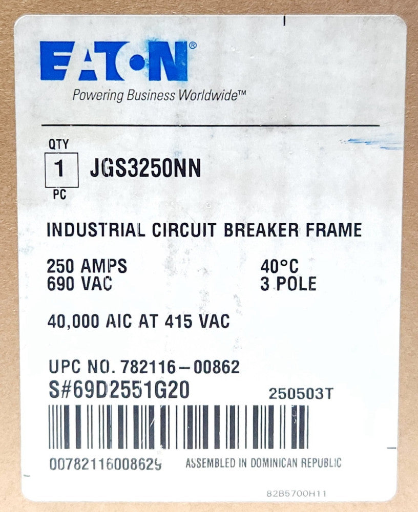 EATON CUTLER HAMMER JGS3250NN 3 Pole 250 AMP Type J250-S Circuit Breaker Frame