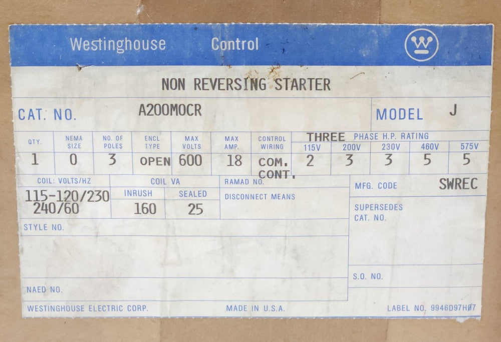 WESTINGHOUSE CUTLER HAMMER A200M0CR 3 Pole 120 VAC 240 VAC Size 0 Dual Voltage