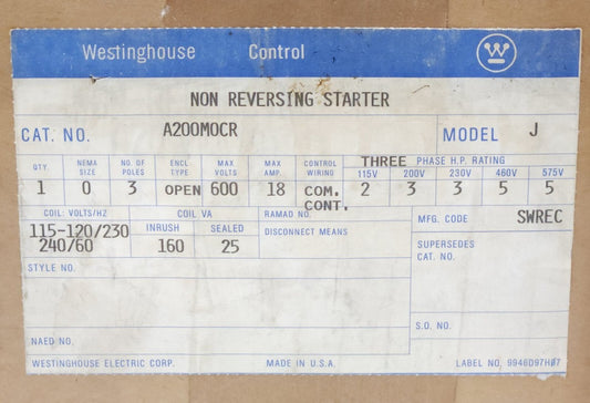 WESTINGHOUSE CUTLER HAMMER A200M0CR 3 Pole 120 VAC 240 VAC Size 0 Dual Voltage
