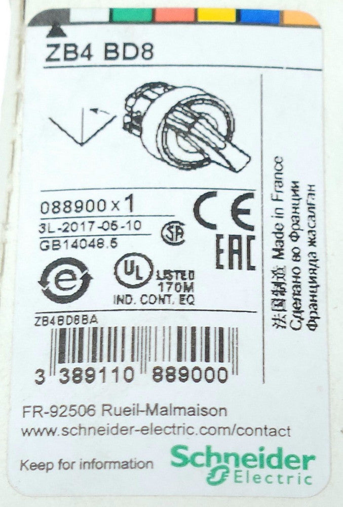 SCHNEIDER ELECTRIC ZB4 BD Selector Switch 3 Position 2 Maintained 1 Spring Retur