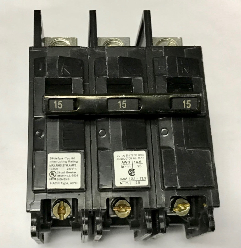 SIEMENS BQ3B015L 3 Pole 15 AMP Circuit Breaker Type BQ BQ3B Circuit Breaker