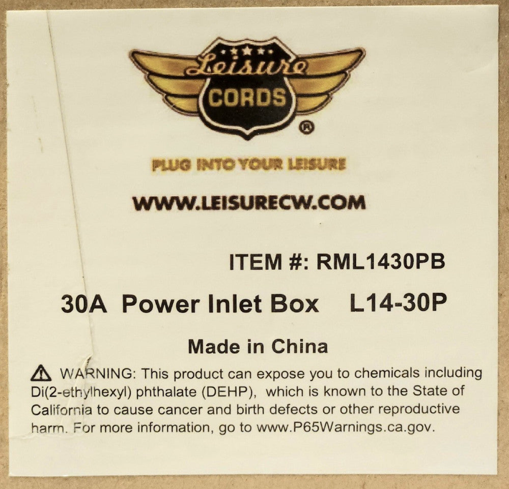 INTERTEK LEISURE CORDS RML1430PB 30 AMP L14-30P Power Inlet Box