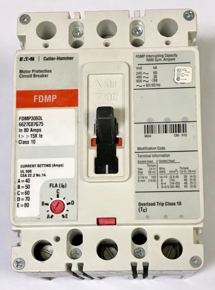 EATON CUTLER HAMMER FDMP3080L 80 AMP Type FDMP Motor Circuit Protector Breaker 