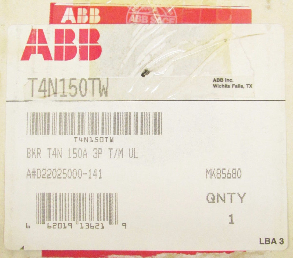 ABB T4N150TW 3 Pole 150 Amp BKR T4N 150A 3P SACE T MAX Breaker