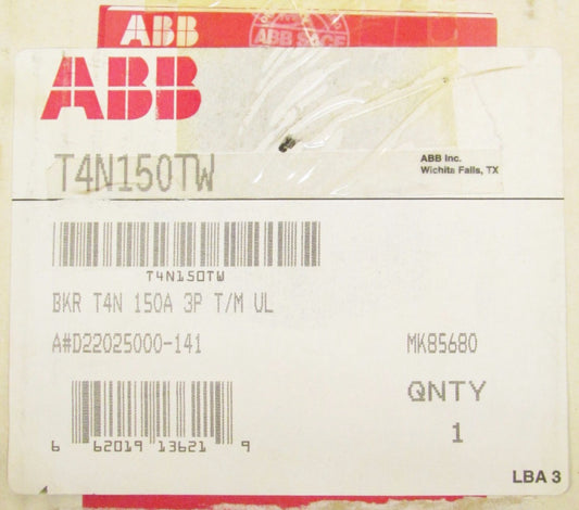 ABB T4N150TW 3 Pole 150 Amp BKR T4N 150A 3P SACE T MAX Breaker