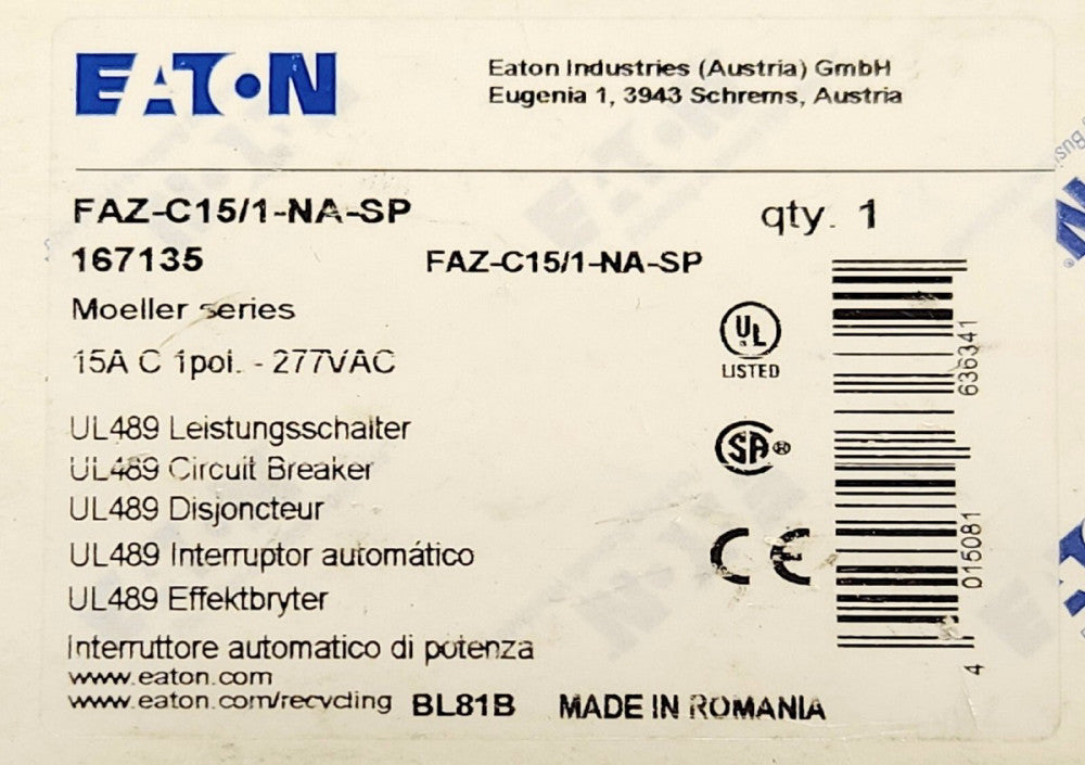 EATON MOELLER FAZ C15 1 NA SP Single Pole 15 AMP Supplementary Protector Circuit
