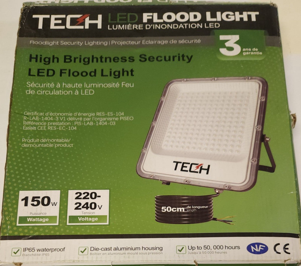 TECH 180 LED Security Flood Light 150 Watt 220 240 VAC 50cm Cable 3000K IP65