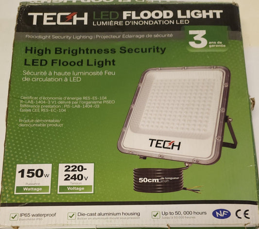 TECH 180 LED Security Flood Light 150 Watt 220 240 VAC 50cm Cable 3000K IP65