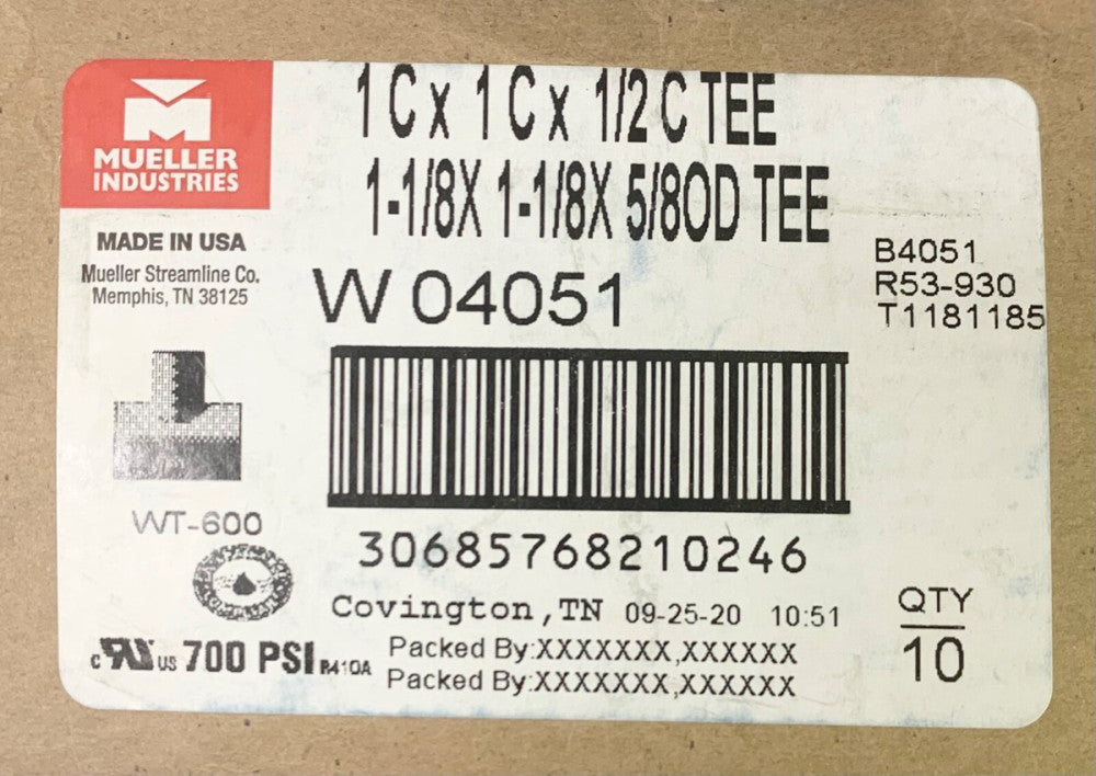 MUELLER  1C X 1C X 1/2 C TEE 1 - 1/8 x 1 - 1/8 x 5/8 OD TEE 1x1x1/2 WT-600