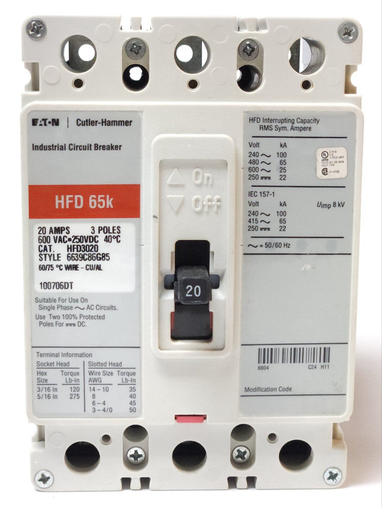EATON CUTLER HAMMER HFD3020 3 Pole 20 AMP Type HFD Circuit Breaker