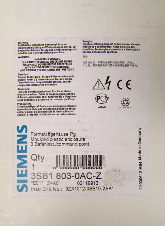 SIEMENS FURNAS Plastic 3 Element Push Button Enclosure Station 3SB1 803 0AC Z