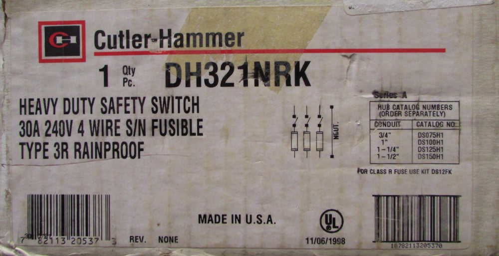 Cutler Hammer Heavy Duty 3R Safety Switch 30 Amp 240V 4 Wire DH321NRK