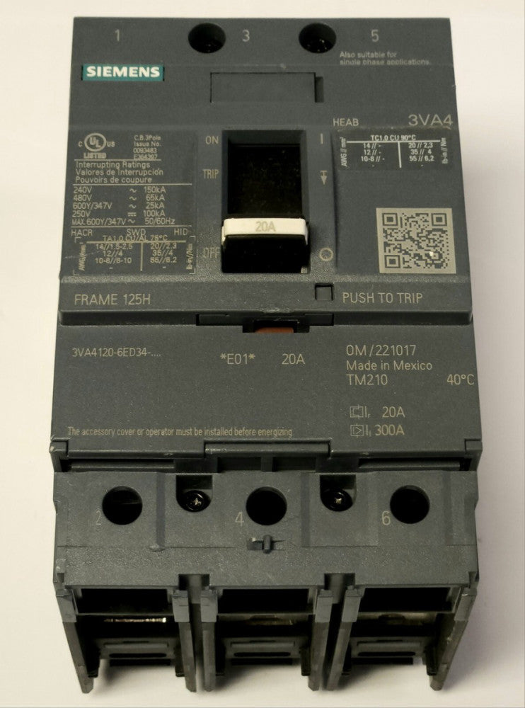 SIEMENS 3VA4120 6ED34 0AA0 3 Pole 20 AMP 3VA4 FRAME 125H