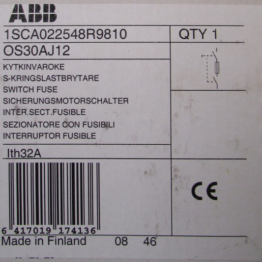 ABB OS30AJ12 30 Amp 600VAC Disconnect Switch 32 Amp MAX 1SCA022548R9810