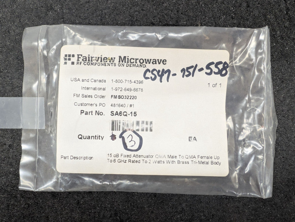 New, Fairview Microwave, SA6Q-15, 15 dB Fixed Attenuator QMA Male To QMA Female