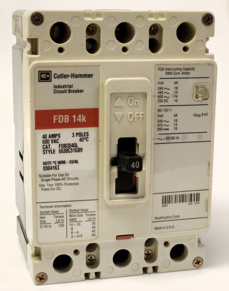 EATON CUTLER HAMMER FDB3040L 3 Pole 40 AMP Type FDB Circuit Breaker Line Load