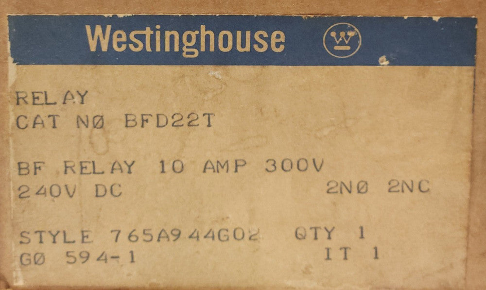 WESTINGHOUSE BFD22T 2 NO 2 NC 240 VDC Type BF Control Relay 10 AMP 765A944G02