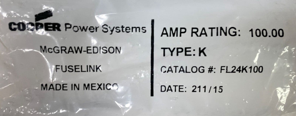 COOPER McGraw Edison FL24K100 Type K 100 AMP Fuse Link