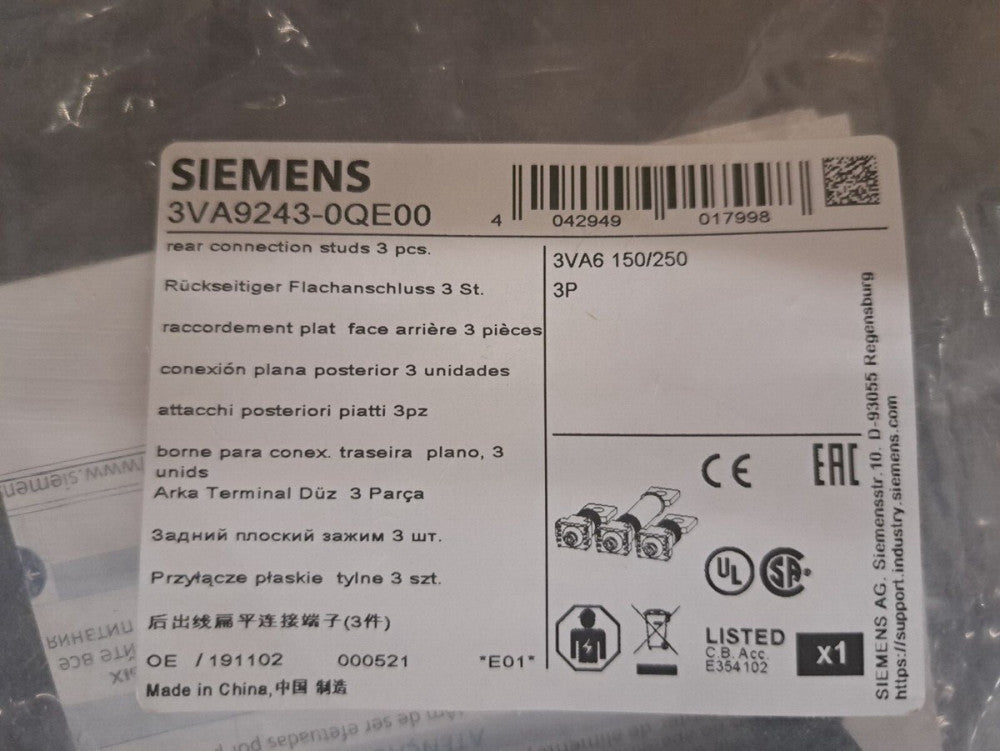 New, Siemens, 3VA9243-0QE00, Breaker, Molded Case, 3VA6 250 REAR CON STUD FLT3P 