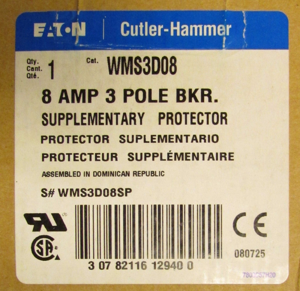 EATON CUTLER HAMMER D8 Supplementary Protector Breaker 3 Pole 8 Amp WMS3D08