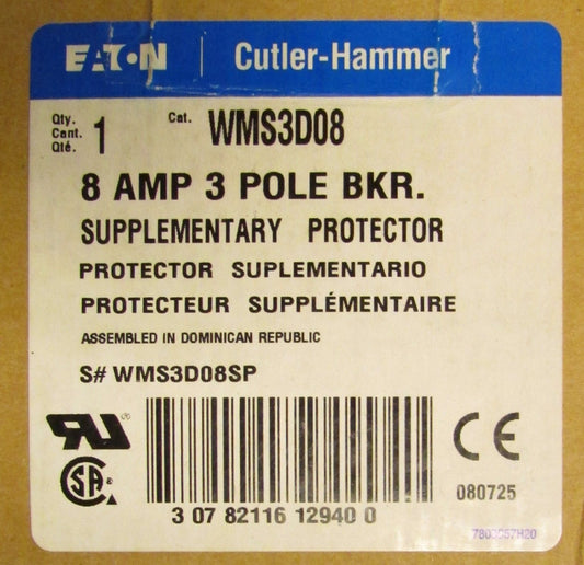EATON CUTLER HAMMER D8 Supplementary Protector Breaker 3 Pole 8 Amp WMS3D08