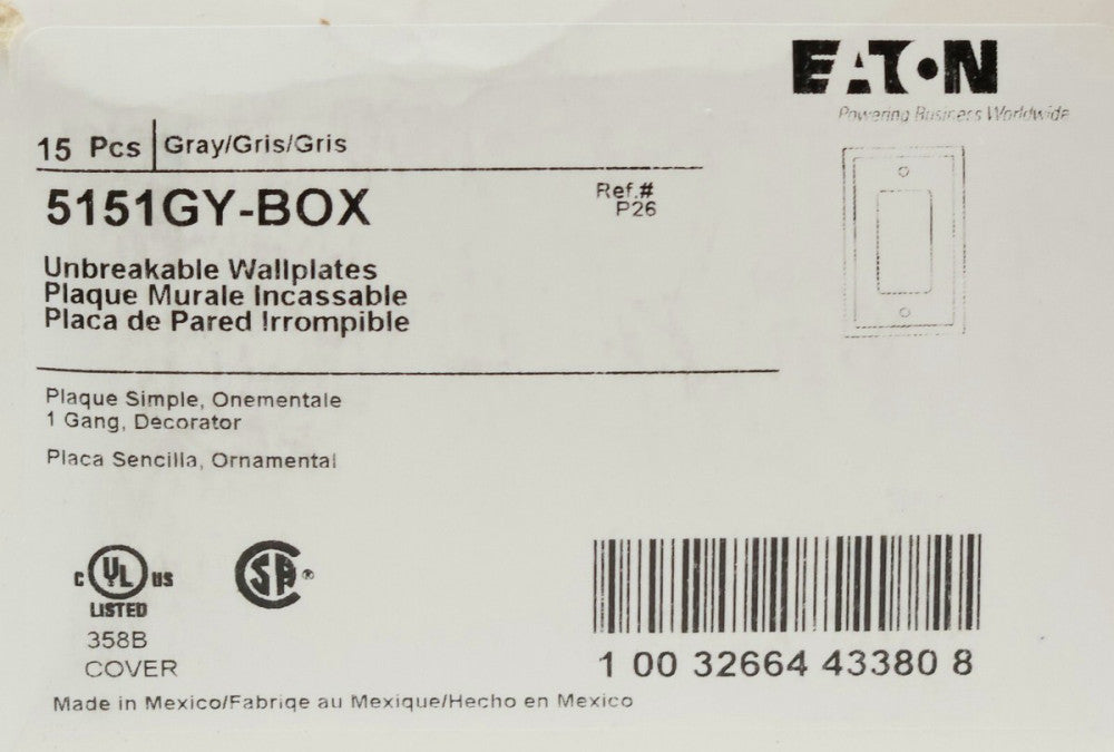 EATON ARROW HART 5151GY BOX OF 15 Grey Gray 1 Gang Square Wall Switch Cover