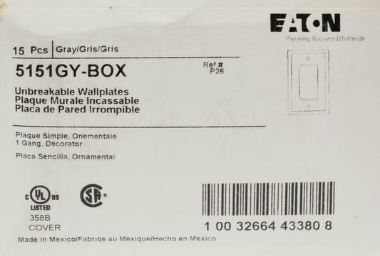 EATON ARROW HART 5151GY BOX OF 15 Grey Gray 1 Gang Square Wall Switch Cover