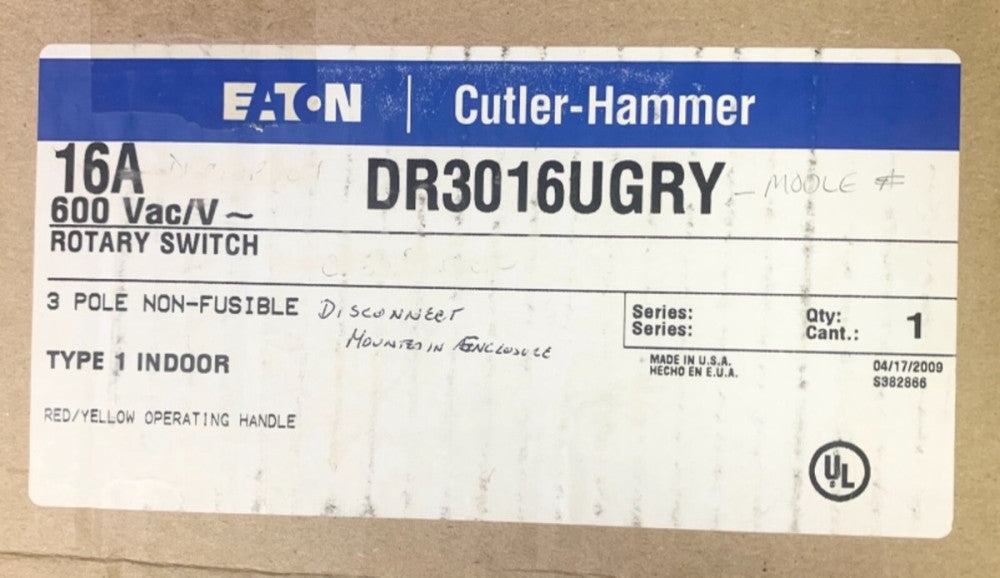EATON CUTLER HAMMER DR3016UGRY 3 Pole 16 AMP Rotary Switch Disconnect Nema 1