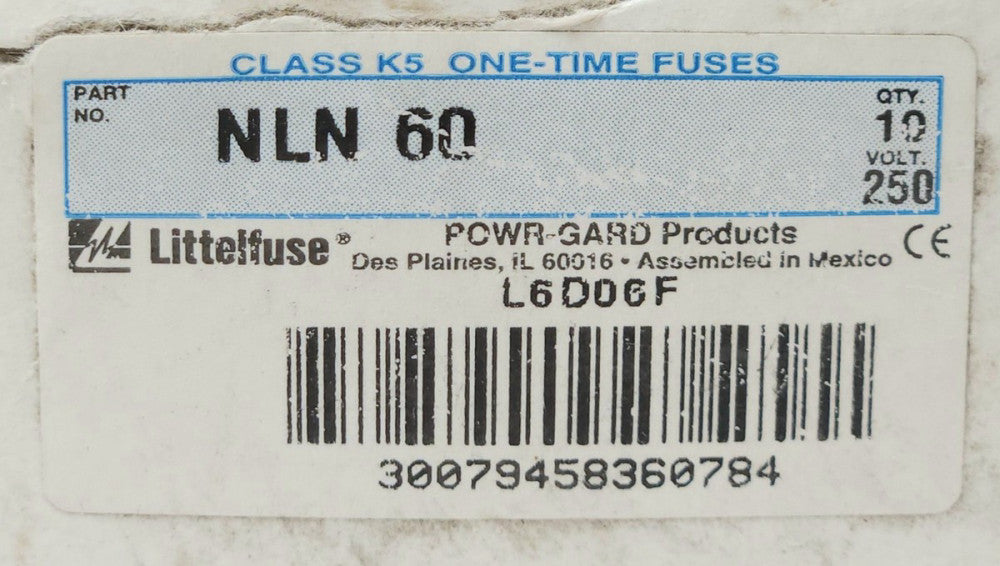 LITTELFUSE NLN 60 POWR GARD 60 AMP FUSE 250 VAC VDC Box of 3