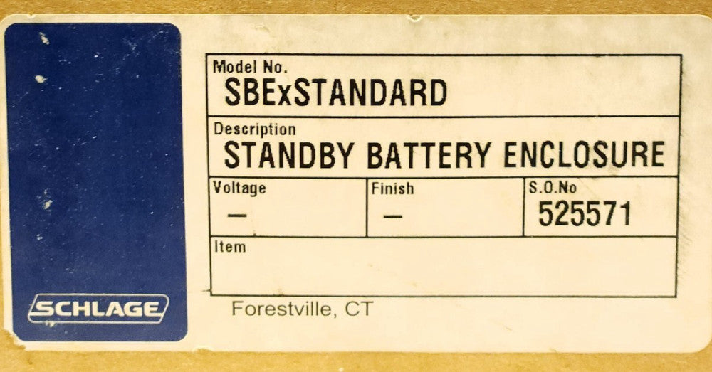 SCHLAGE MODEL SBEXSTANDARD 525571 SBE STANDBY BATTERY BACKUP Enclosure 24 Volt