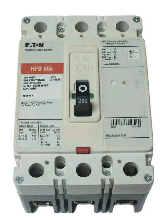 EATON CUTLER HAMMER HFD3200 3 Pole 200 AMP Type HFD Circuit Breaker with Hasp