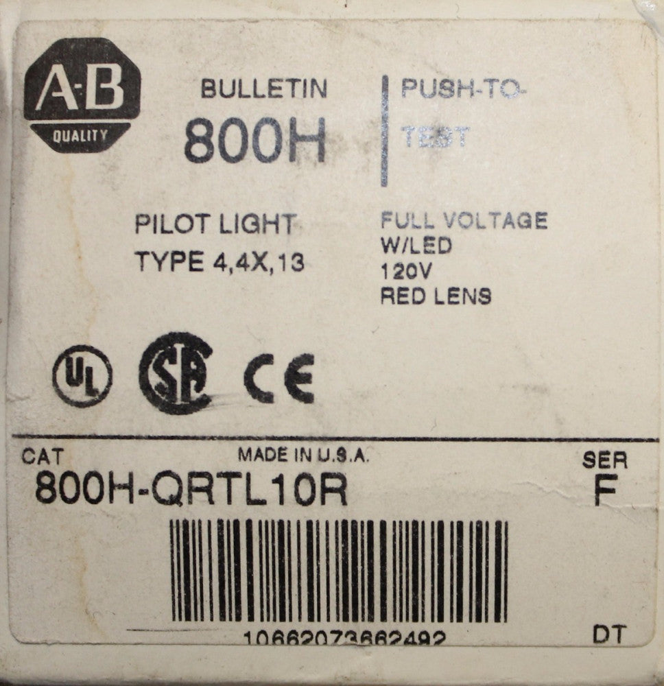 ALLEN BRADLEY  800H QRTL10R Red Lens Push to Test Pilot Light 120V 800H- QRTL10R