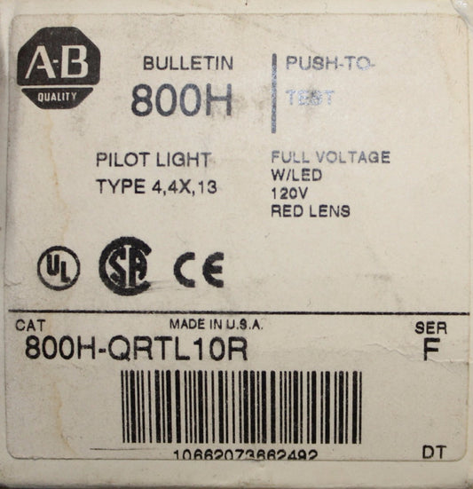 ALLEN BRADLEY  800H QRTL10R Red Lens Push to Test Pilot Light 120V 800H- QRTL10R