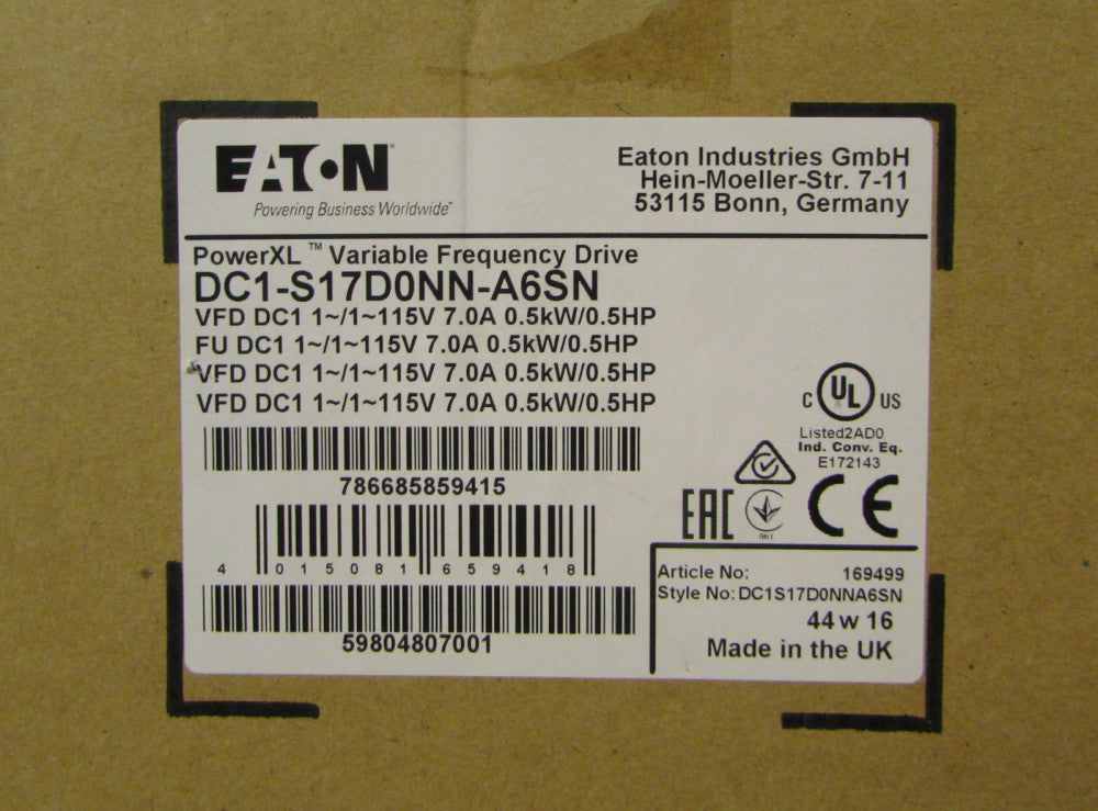 EATON DC1 S17D0NN A6SN 7 Amp .5 HP Power XL DC1 VFD Variable Frequency Drive