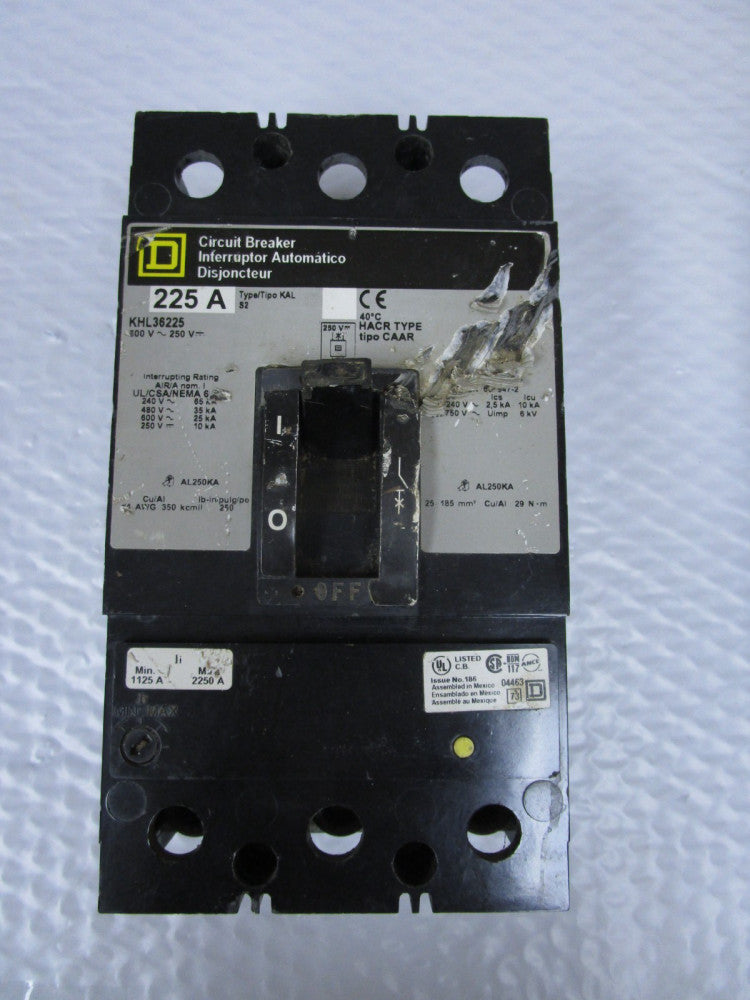 SQUARE D BREAKER KHL36225 225A AMP TYPE S2 600Vac 3 POLE