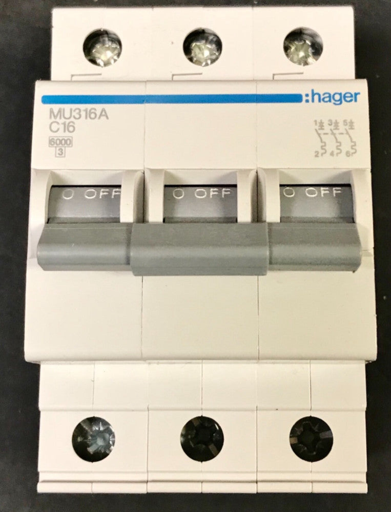 HAGER MU316A 3 Pole 16 AMP C16 6 KA Circuit Breaker 451733
